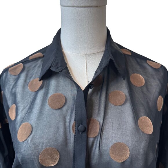 2/$30 Zara XS Basic Sheer Black & Brown Polka Dot Long Sleeve Button-Up Blouse - Picture 5 of 11